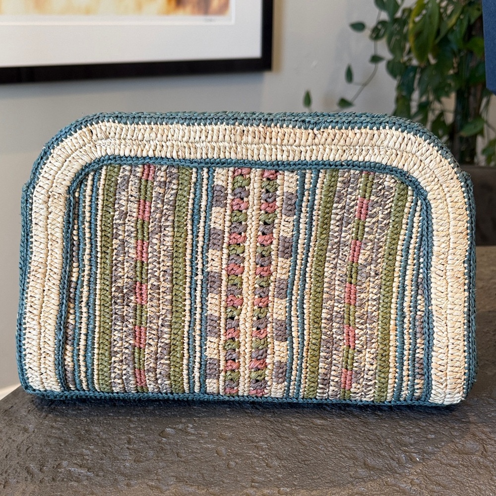 Sezane Woven Straw Clutch in Teal, Cream, Green & Pink
